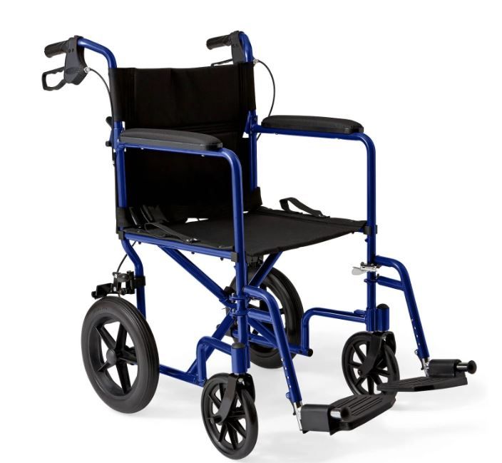 Photo 1 of Medline Lightweight Foldable Transport Wheelchair with Handbrakes and 12" Wheels, Blue Frame
