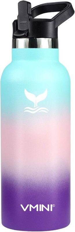 Photo 1 of Vmini Water Bottle - Standard Mouth Stainless Steel & Vacuum Insulated Bottle, New Straw Lid with Wide Handle, Gradient Mint+Pink+Purple & 18 oz
