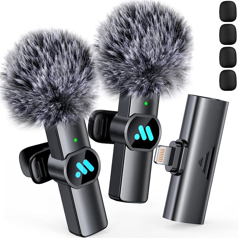Photo 1 of 2pcs Lavalier Wireless Microphone for iPhone iPad, Wireless Microphone for Video Recording, Game Live Streaming, Interviews, YouTube, TikTok, Vlog(for iPhone 14 and below)
