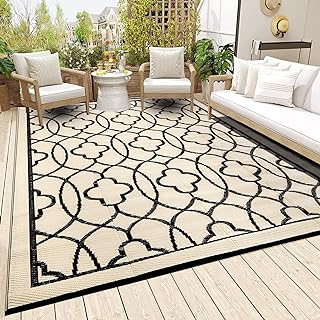 Photo 1 of Reversible Mats - Outdoor Rugs 9'x12' for Patios Clearance, Plastic Straw Rugs Waterproof, Portable, Outdoor RV Camping Rug, Garden, Balcony, Picnic, Beach, Camping(Black & Beige)