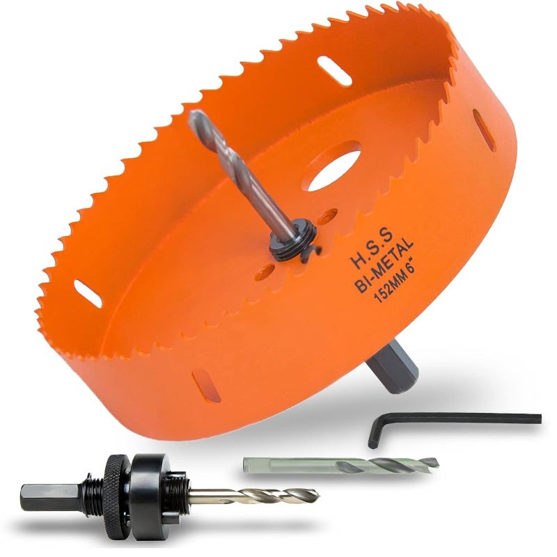 Photo 1 of 6 Inch Hole Saw with Arbor for Metal Wood and Plastic Cutting, 152mm Bi-Metal Hole Cutter for Different Project with Smooth and Flat Drilling Edge, Fast Chip Removal, Handy Hole Saw Kit Set
