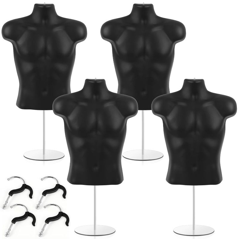 Photo 1 of 4 Pack Male Mannequin Torso Dress Form Mannequin Body T Shirt Display with Stand and Hanging Hook Hollow Back Mannequin Torso for Counter, Craft Shows, Photos or Design, S-m Size
