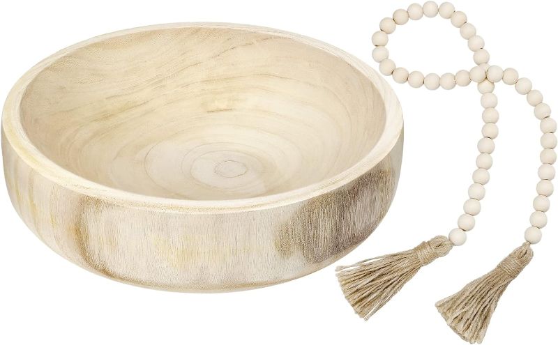 Photo 1 of Kathfly Wooden Decorative Bowl Set Paulownia Wood Serving Bowl Natural Rustic Large Dough Bowl for Decor with Wood Bead Garland for Table Centerpieces Home Party Wedding Decor (Round)
