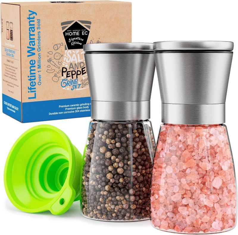 Photo 1 of HOME EC Premium Stainless Steel Sea Salt and Pepper Grinder Set of 2 - Adjustable Ceramic, Glass Salt and Pepper Shakers - Pepper Mill & Salt Mill W/Funnel & EBook
