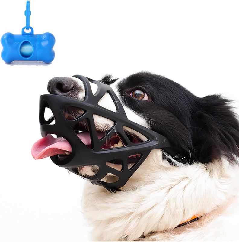 Photo 1 of Dog Muzzle, Breathable Basket and Soft Cage Black Dog Mouth Cover,Anti-Biting, Barking and Chewing for Small Medium Large Dogs, 1 Pack Poop Bags for Dogs (Medium)
