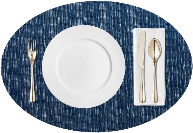 Photo 1 of AHHFSMEI Placemats for Dining Table Set of 6 Woven Vinyl Plastic Place Mats Non-Slip Heat Insulation Stain Resistant Table Mats Washable Easy Clean 18.8x13 inches Placemats (Navy Oval)

