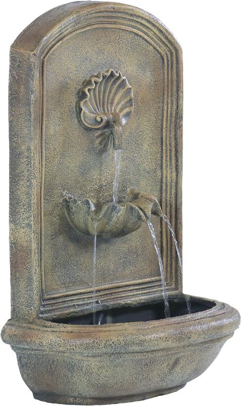 Photo 1 of Sunnydaze Seaside 27-Inch Polystone Outdoor Wall Fountain - Electric Submersible Pump - Florentine Stone Finish
