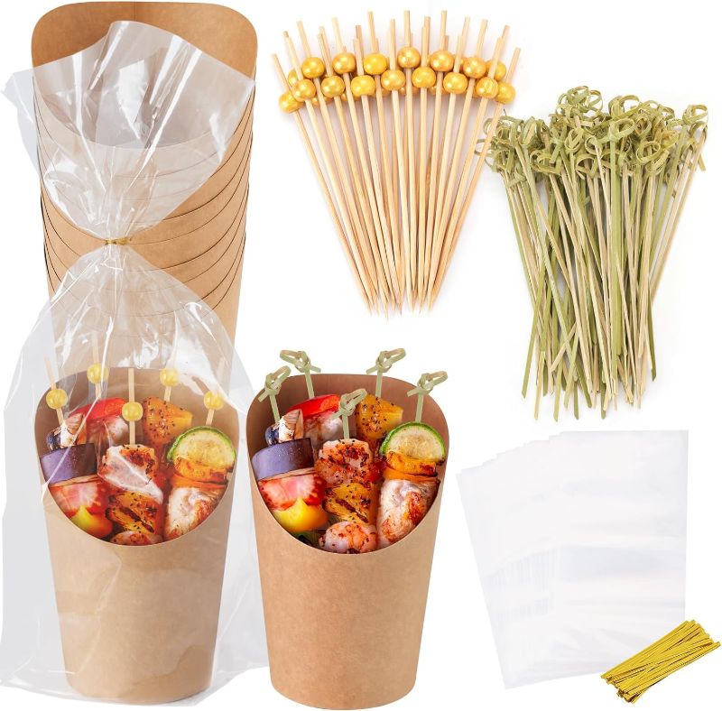 Photo 1 of 60pcs Individual Disposable Charcuterie Cups with Sticks,60 Portable Bags,200pcs Cocktail Skewers,14oz Brown Paper Appetizer Cups for French Fry, Party Supplies
