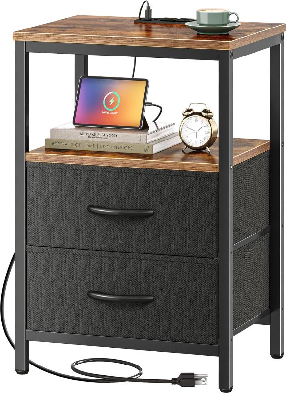 Photo 1 of Nightstand with Charging Station, Side Table with Fabric Drawers, End Table with Open Shelf, Bedside Table with USB Ports and Outlets, Night Stand for Bedroom, Rustic Brown and Black
