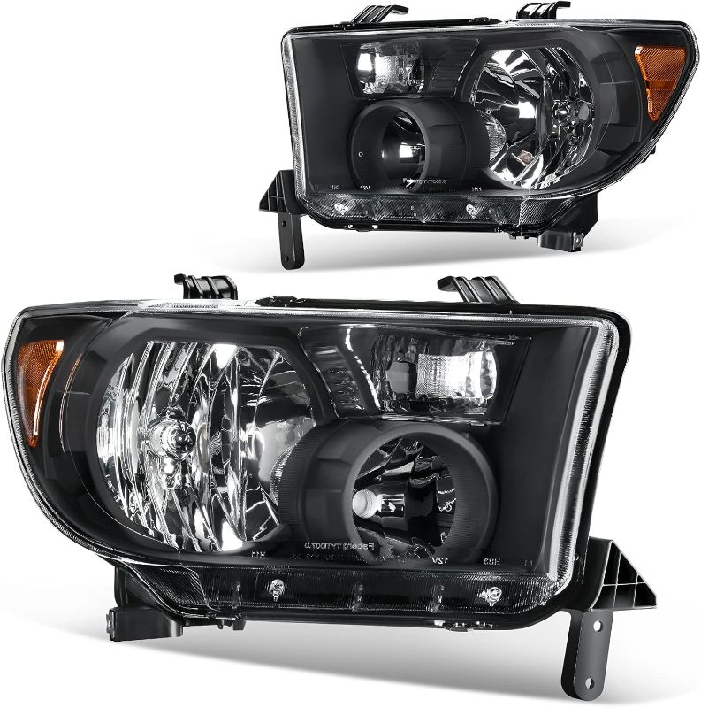 Photo 1 of DWVO Headlight Assembly Compatible with 2007-2013 Tundra 2008-2017 Sequoia Black Housing Amber Reflector Clear Lens OE - Black/Amber/Clear