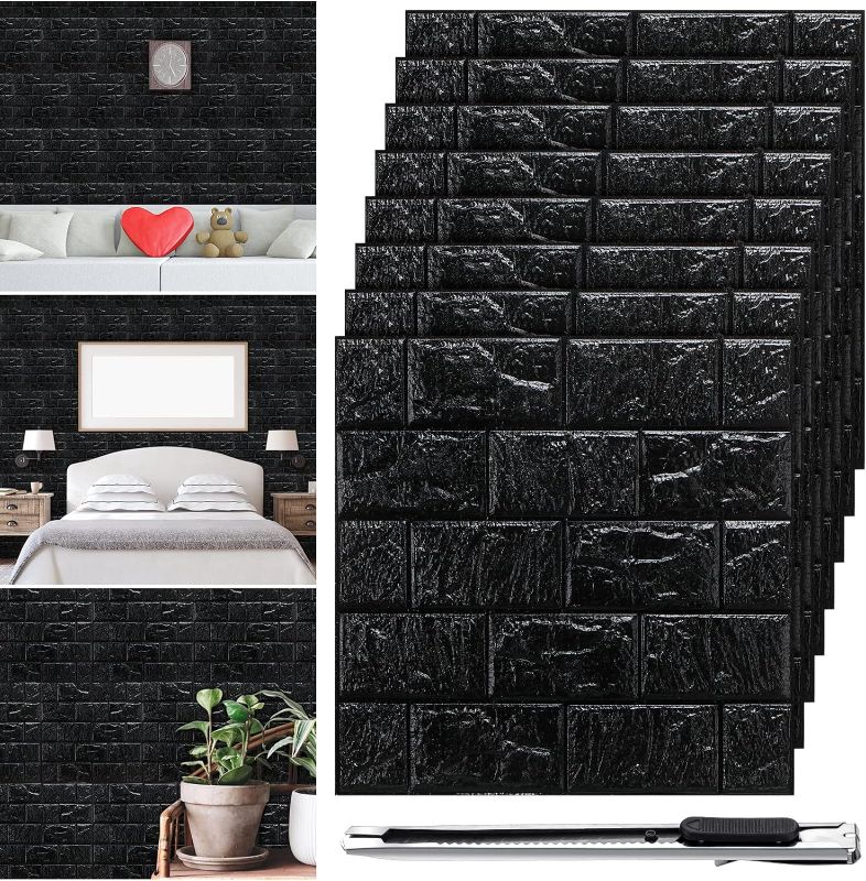 Photo 1 of 30 Pcs 28.81 Sq ft 3D Wall Panels Peel and Stick Foam Brick Wallpaper Printable Faux Brick Wall Panels Decorative Self Adhesive Wall Tiles Waterproof Wall Covering Panels for Wall Decor (Black)
