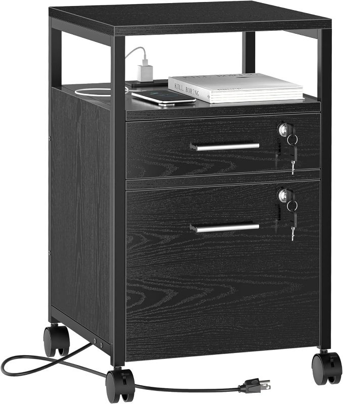 Photo 1 of SUPERJARE File Cabinet with Lock & Charging Station, 2 Drawers Rolling Filing Cabinet, Office File Cabinet with Wheels & Open Shelf, for Home Office, A4/Letter Size Files Under Desk - Black
