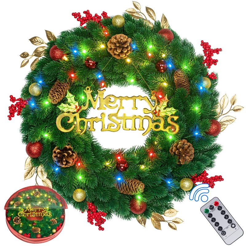 Photo 1 of 18 Inch Pre- ARTIFICIAL CHRISTMAS WREATH WITH LIGHTS,LIGHTED CHRISTMAS WREATHS FOR FRONT DOOR WITH 45 LED BATTERY OPERATED 8 MODES REMOTE CONTROL TIMER,INDOOR OUTDOOR XMAS WREATH DECORATIONS 18 INCHES