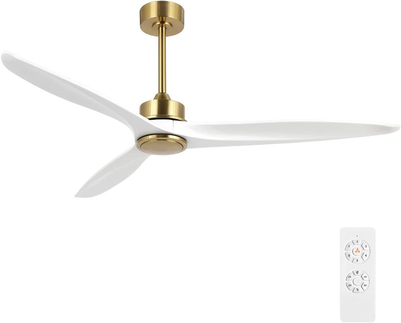 Photo 1 of  WINGBO 60 Inch DC Ceiling Fan without Lights, 3 Reversible Carved Solid Wood Blades, 6-Speed Noiseless DC Motor, Ceiling Fan No Light with Remote, Brass Finish with White Blades, ETL Listed
