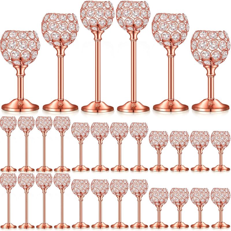 Photo 1 of Qunclay 36 Pcs Crystal Candle Holders Bulk, Shiny Candlestick Holder,Romantic Wedding Centerpieces for Tables,Tealight Candle Holders for Home Decoration Anniversary Retirement Party(Rose Gold)
