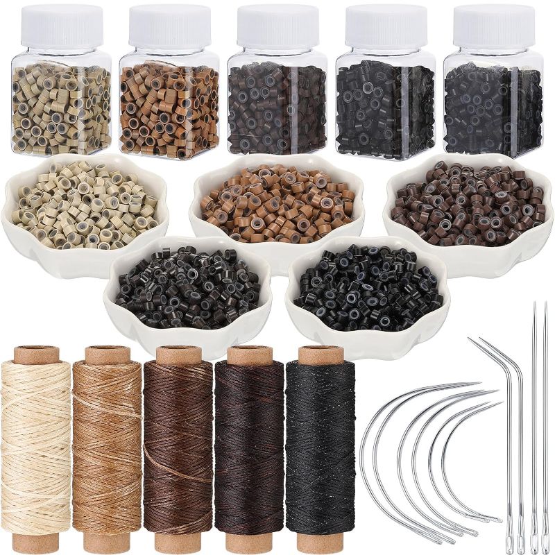 Photo 1 of 2500 Pcs Hair Extensions Micro Rings Links Beads and 5 Rolls Hair Extensions Sewing Thread and 10 Pieces C/J/I Needles Hair Extension Kit for Human Hair Extensions Hand Sewing Wig DIY Craft
