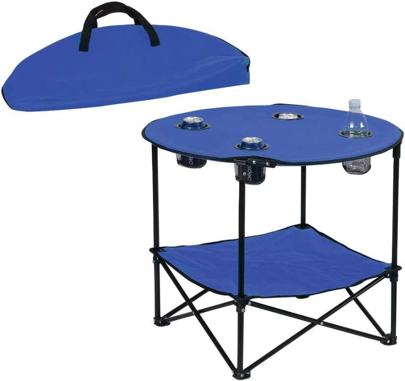 Photo 1 of  2 Tier Folding Camping Table with 4 Mesh Cup Holders Blue | Polyester with Metal Frame