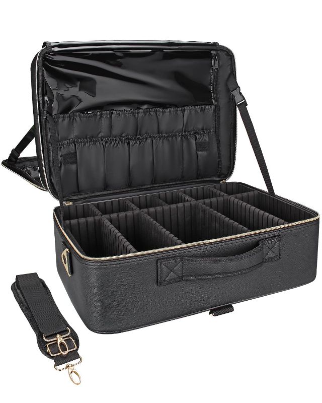 Photo 2 of Relavel Extra Large Makeup Bag, Makeup Case Professional Makeup Artist Kit Train Case Travel Cosmetic Bag Brush Organizer, Waterproof Leather Material, with Adjustable Shoulder Straps and Dividers
