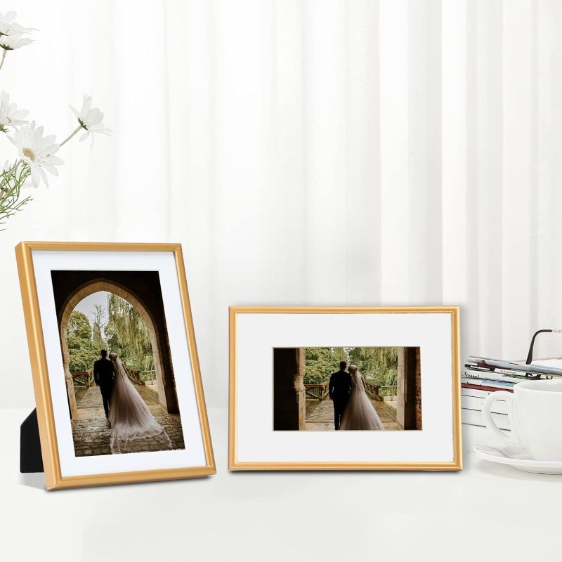 Photo 1 of 8x10 Picture Frame 1PC Matted Gold Simple Modern Brushed Thin Aluminum Metal Photo Frame Fits 6x8 with Mat or 8 x 10 without Mat Vertical and Horizontal 