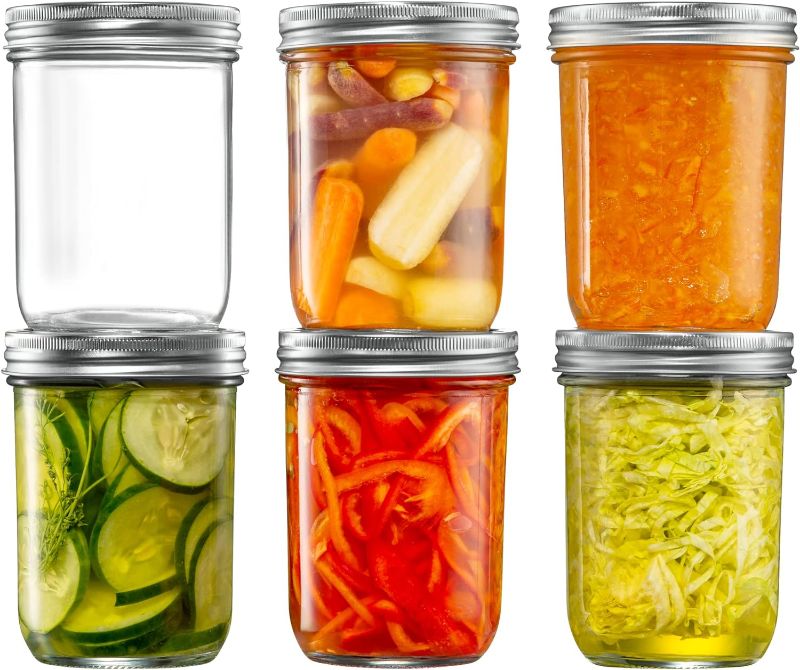 Photo 1 of [ 6 Pack] 16 oz. Wide-Mouth Glass Mason Jars with Metal Airtight Lids and Bands for 1 Pint Canning, Preserving, & Meal Prep Wide Mouth - 16 oz.