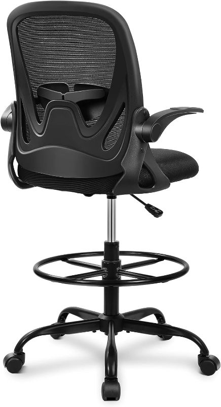 Photo 1 of Primy Drafting Chair Tall Office Chair with Flip-up Armrests Executive Ergonomic Computer Standing Desk Chair with Lumbar Support and Adjustable Footrest Ring (Black)
