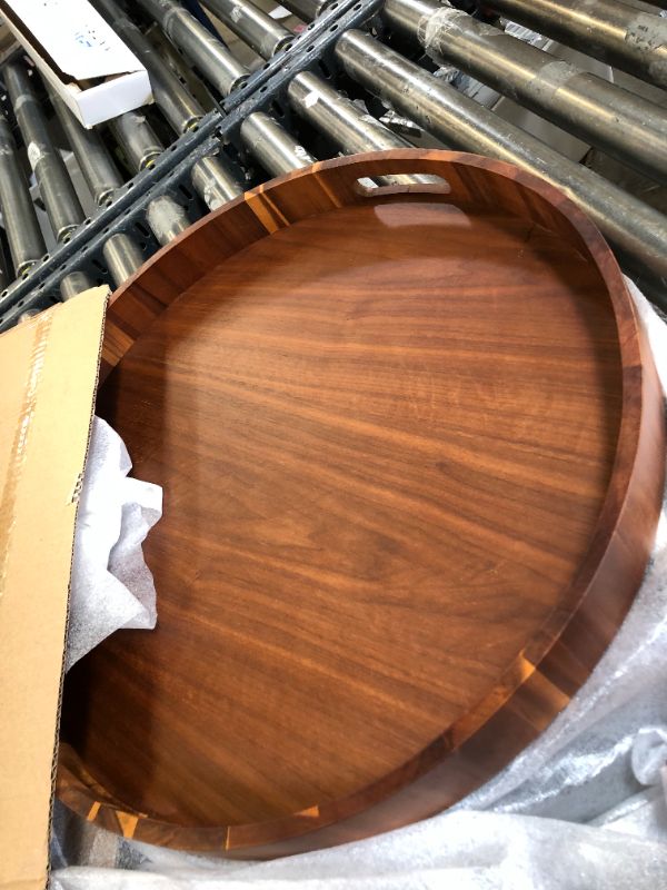 Photo 2 of 22 Inch Large Walnut Wood Tray, Oversize Serving Tray Round Decorative Tray for Ottoman,Rustic Decorative Round Tray for Eating, Entertaining,Decorating,Gifts,charcuterie and Organizing Walnut,22 in