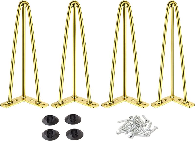 Photo 1 of 14 Inch Hairpin Table Legs with 1/2” Dia 3-Rods, Metal Furniture Legs for Coffee Table and Console Table, Mid-Century Gold Hairpin Legs with Hairpin Floor Protector Feet, 4 Pack
