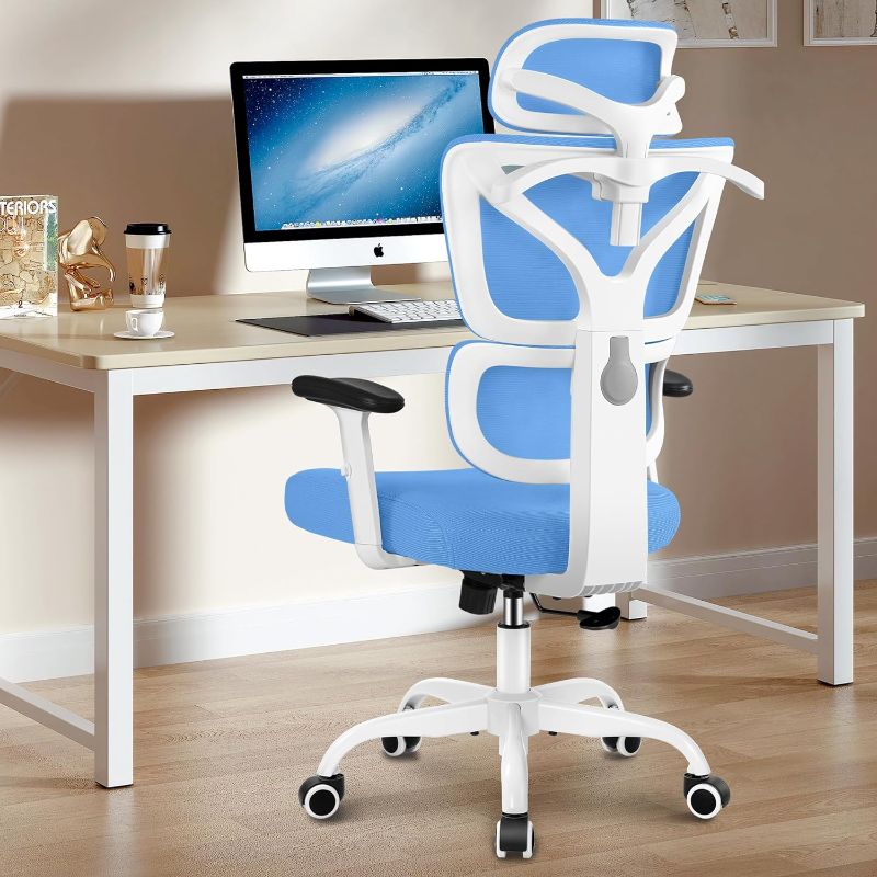 Photo 1 of Office Chair Ergonomic Desk Chair, High Back Gaming Chair, Big and Tall Reclining chair Comfy Home Office Desk Chair Lumbar Support Breathable Mesh Computer Chair Adjustable Armrests(Sky Blue)
