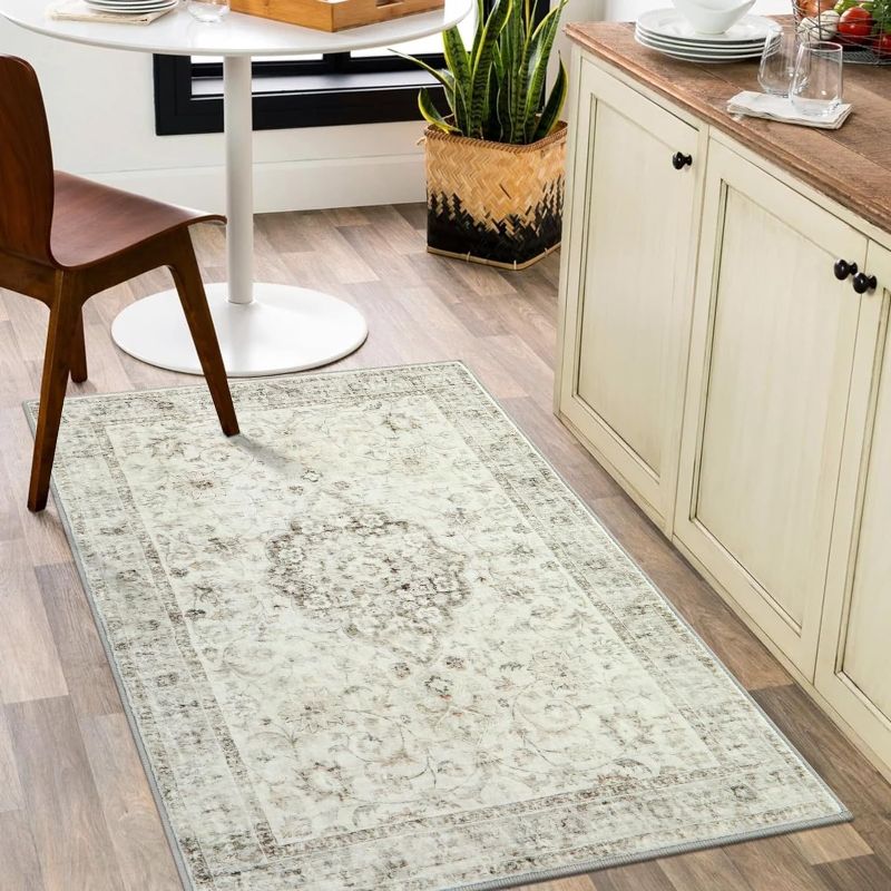 Photo 1 of LIVEBOX Washable Rug 3x5 - Bohemian Area Rug for Kitchen Bedroom, Non-Slip Front Door Mat for Entryway, Antique Collection Area Rug for Laundry Room Foyer Camper RV, Taupe
