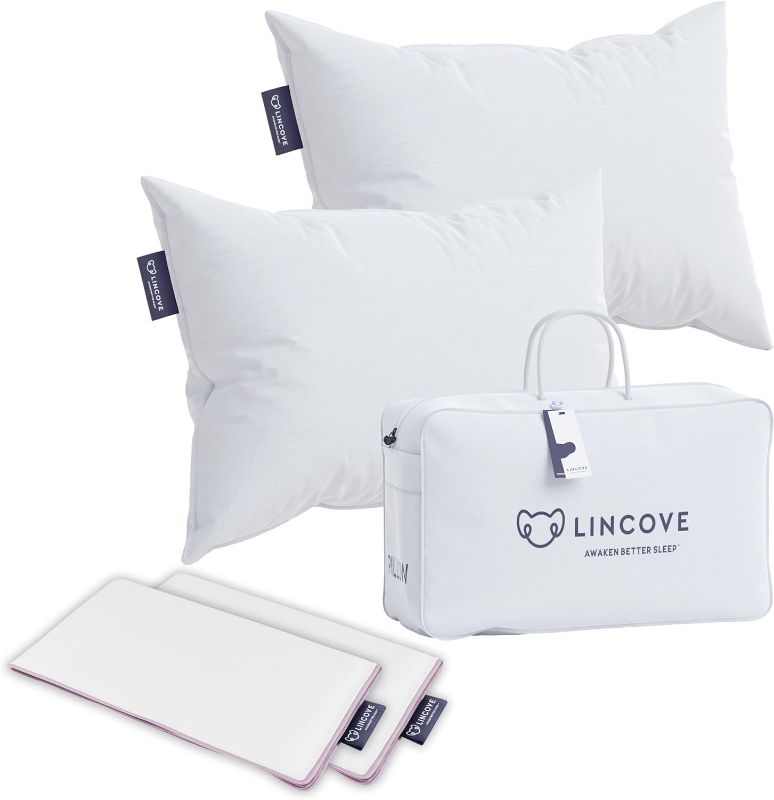 Photo 1 of Lincove Recreation Sleeping Pillow, Filled with Premium Down, 600 Fill Power – Includes A Pillow Protector, 400 Thread Count Pillow Shell, Queen - Soft, 2 Pack
