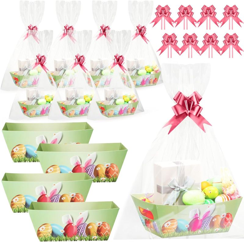 Photo 1 of 20 Pcs Easter Baskets for Gifts Empty Kraft Gift Basket Kit with 20 Pull Bows 20 Clear Gift Bags Raffia for Birthday Wedding Valentines Easter (Yellow Basket, Pink Bow,Egg)
