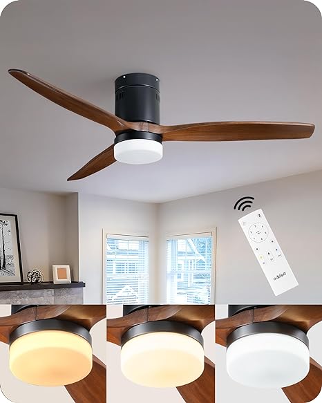 Photo 1 of EDISHINE 52" Outdoor Ceiling Fans With Lights and Remote, 6-Speed Wet Rated Ceiling Fan with Quiet Reversible DC Motor, Wood Blades 3CCT Flush Mount Ceiling Fan for Bedroom, Patio, Porch
