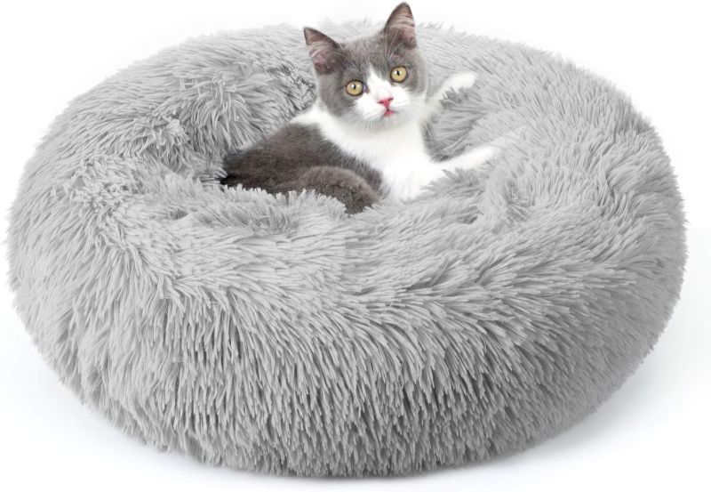 Photo 1 of rabbitgoo Cat Beds for Indoor Cats, 20 inches Cat Bed Machine Washable, Fluffy Round Pet Bed Non-Slip, Calming Soft Plush Donut Cuddler Cushion Self Warming for Small Dogs Kittens, Light Grey, Medium
