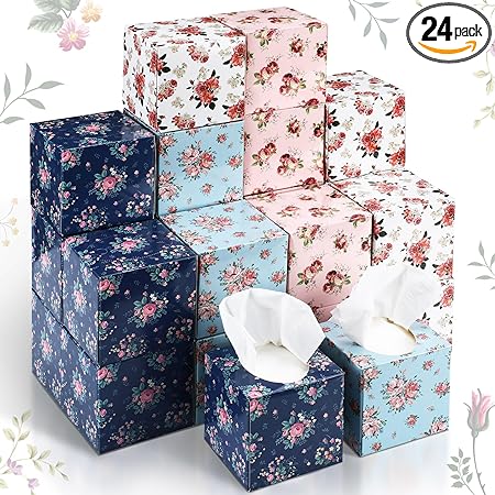 Photo 1 of 24 Pack 3 Ply Cube Tissue Boxes 1200 Sheets Cube Soft Facial Tissues Bulk Square Facial Tissues Soft Paper Tissue Packs Colorful Tissues Cube Boxes for School Family Office Travel (Flower)
