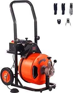 Photo 1 of VEVOR Drain Cleaner Machine 100FT x 1/2Inch, Auto Feed Sewer Snake Auger with 4 Cutter & Air-activated Foot Switch for 1" to 4" Pipes, Orange, Black
