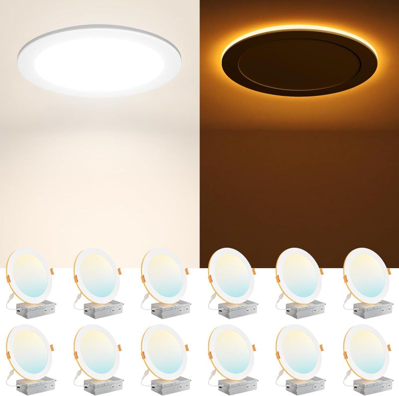 Photo 1 of Amico 12 Pack 8 Inch 5CCT LED Recessed Ceiling Light with Night Light, 2700K/3000K/3500K/4000K/5000K Selectable Ultra-Thin Recessed Lighting, 18W=120W, 1600LM, Dimmable Canless Wafer Downlight ETL&FCC
