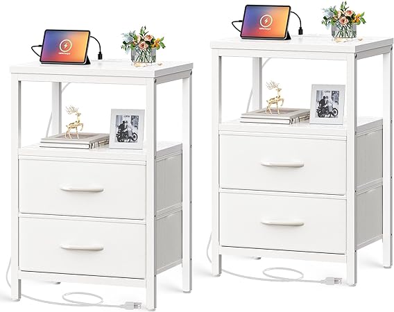 Photo 1 of Nightstands Set of 2, End Tables with Charging Station, Side Tables with Fabric Drawers, Bedside Tables with USB Ports and Outlets, Night Stands for Bedroom, White
