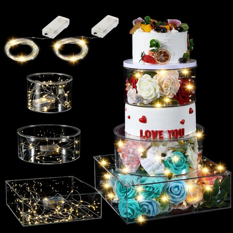 Photo 1 of 3 Pcs Acrylic Fillable Cake Stand Clear Cake Riser with LED Lights Cylinder Stand Display Square Cake Box Cake Tier for Wedding Birthday Party (12'' x 4'', 10" x 4", 8" x 4" (D x H))
