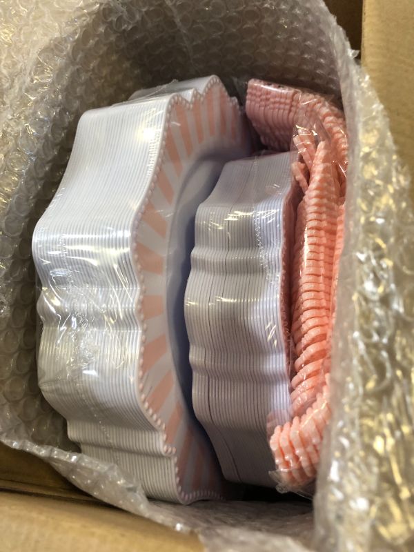 Photo 1 of 150pcs Disposable Plastic Plates and Silverware set, Mother's Day Light Pink Printed Dinner/Dessert Plates silverware serve 30guests for Wedding Party Daily use. white+pink