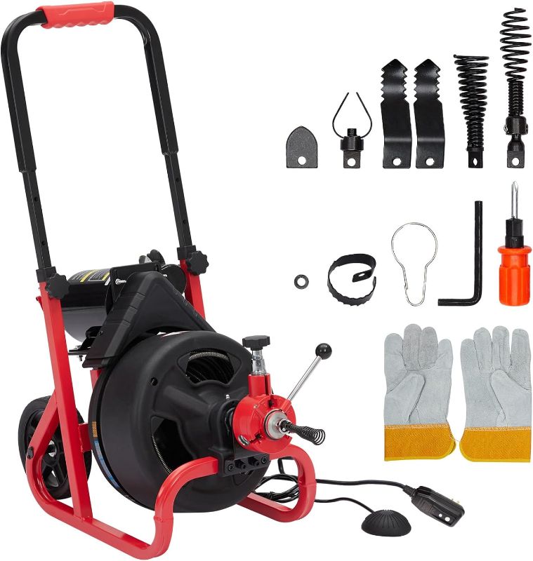 Photo 1 of Drain Cleaner Machine, 100 Ft X 3/8 Inch Electric Drain Auger with 6 Cutters and Gloves, Commercial Drain Cleaning Machine Sewer Snake Drill Drain Auger Cleaner for 2 to 4 Inch Pipes
