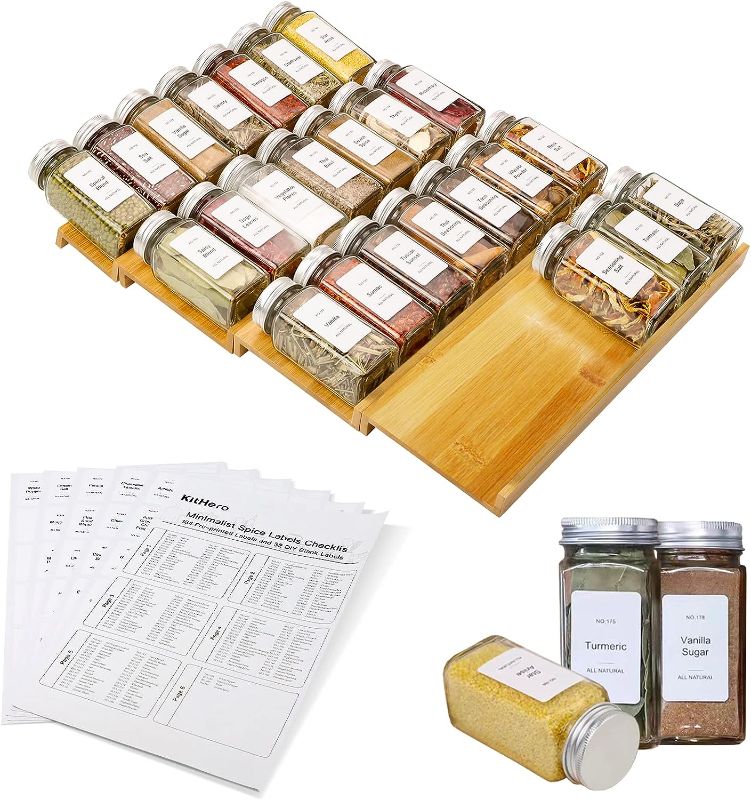 Photo 1 of KitHero Spice Drawer Organizer with 24 Spice Jars and 216 Labels,Non-slip Rubber, Bamboo 4 Tier Spice Racks Tray Seasoning Containers for Kitchen Drawers,Cabinets,Countertops,13" Wide * 15.8" Deep

