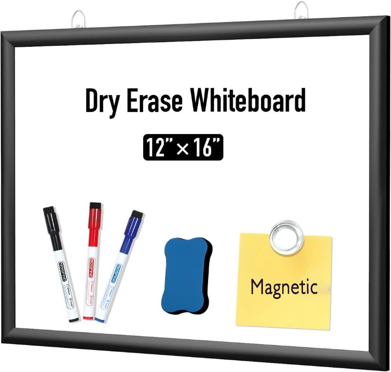 Photo 1 of DumanAsen Small Dry Erase Board, 12" x 16" Wood Frame Magnetic Whiteboard for Wall, Portable Whiteboard for Home,Office, Includes 3 Markers, Eraser and Hanging Hardware
