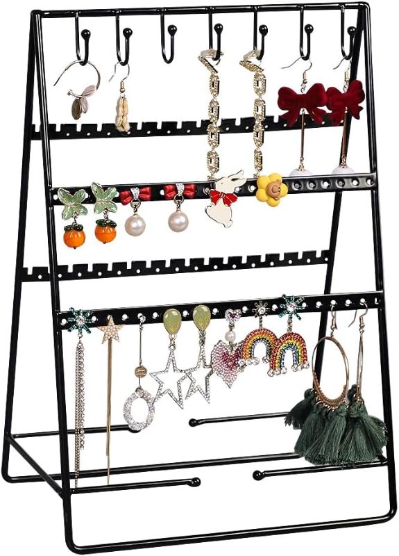 Photo 1 of Jewelry Holder Organizer 4 Tier Triangle Rack Necklace Display Stand Earrings Storage With 7 hooks, 96 holes, 4 Bars for Rings
