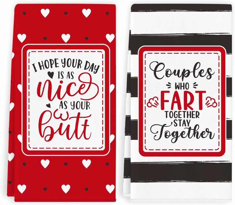 Photo 1 of Funny Gifts for Women Men Couple, 2 Pack Funny Kitchen Towels for Couples, Novelty Bathroom Hand Towels, Anniversary Birthday Housewarming Gifts for Boyfriend Girlfriend Husband Wife Him Her
