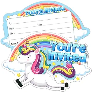Photo 1 of Rainbow Invitation Cards, 15 Invitations with Envelopes, Unicorn Party Supplies, Girls Birthday Party Invitations, Baby Shower Invitations
