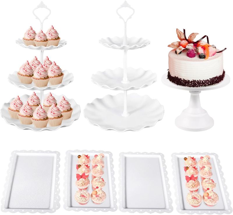 Photo 1 of 7 Pcs Dessert Table Stand Set 2 Pcs 3-Tier Plastic Cupcake Stands 1 Pc Metal White Cake Stand for Party Cookie Tray Rack Serving Tray Display Tower and 4 Pc Dessert Tray for Wedding Baby Shower
