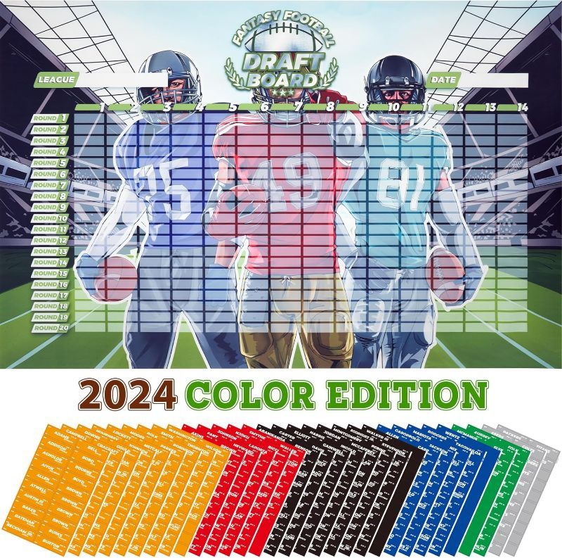 Photo 1 of Fantasy Football Draft Board 2024-2025 Kit, 620 Player Labels, 6 Feet x 4 Feet Board(14 Teams 20 Rounds), 2024 Top Rookie, Blank Label, Schedule

