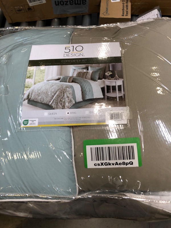 Photo 2 of 510 DESIGN Luxe Quilted Comforter Set Modern Transitional Design, All Season Down Alternative Warm Bedding Matching Shams, Bedskirt, Decorative Pillow, King, Shawnee Scrollwork Seafoam Scrollwork Seafoam King