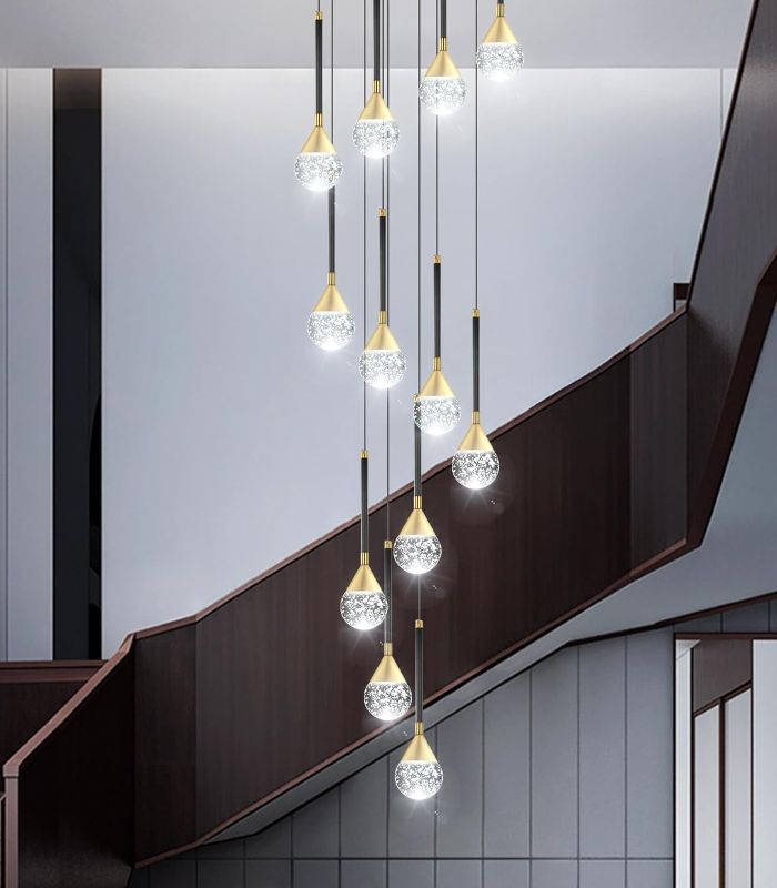 Photo 1 of 12-Lights Modern Crystal Chandeliers for Entryway LED Dimmable Spiral Staircase Pendant Light High Ceiling Lamp Fixture for Foyer Entrance Living Room 3000-6000K
 