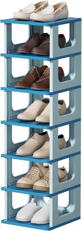 Photo 1 of  Shoe Rack for Entryway, Closet, Small Shoe Slots Corner Shelf, Plastic Shoes Storage Cabinet DIY Cube Organizer, Space Saving Cubby Shoe Rack for Door, Dorm, Blue 